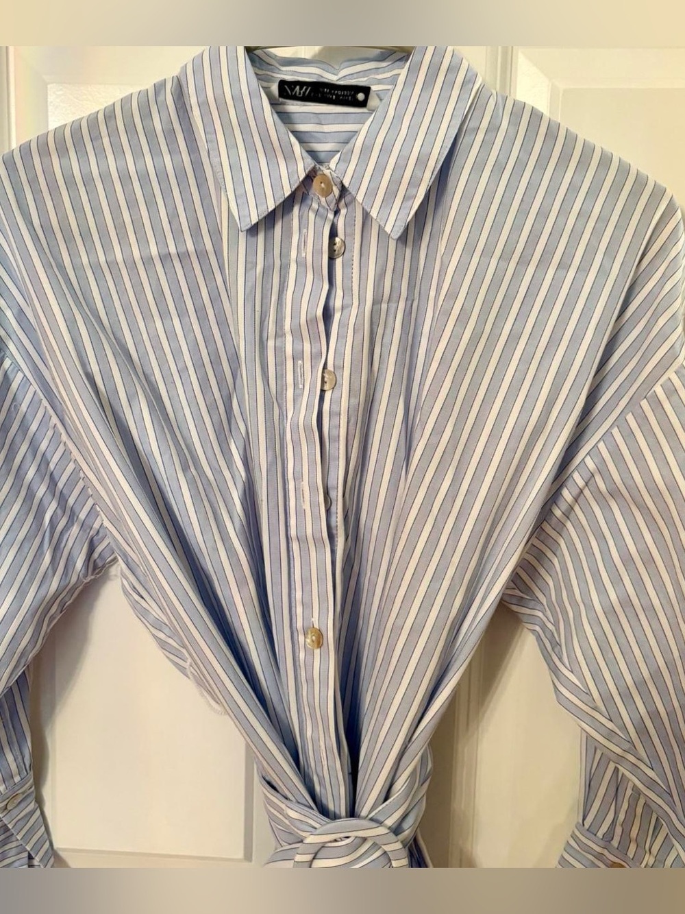 Mango Light Blue and White Striped Button-Up Shirt with Tie Belt Waist Detail